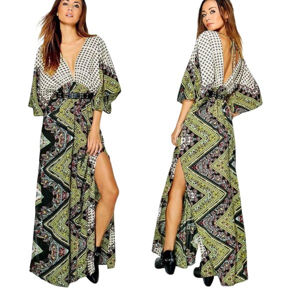 Boohoo Boho Kimono Dress With Slit Size 10 Neutral Colors Green Maxi - Picture 1 of 8